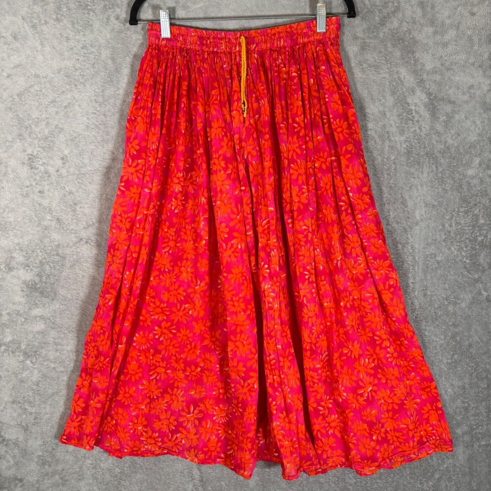 Revue Pink Orange Floral Cotton Maxi Broomstick Skirt Large Made in India Boho